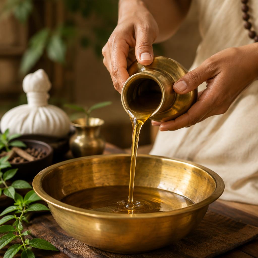 Hands pouring warm oil into a brass bowl
